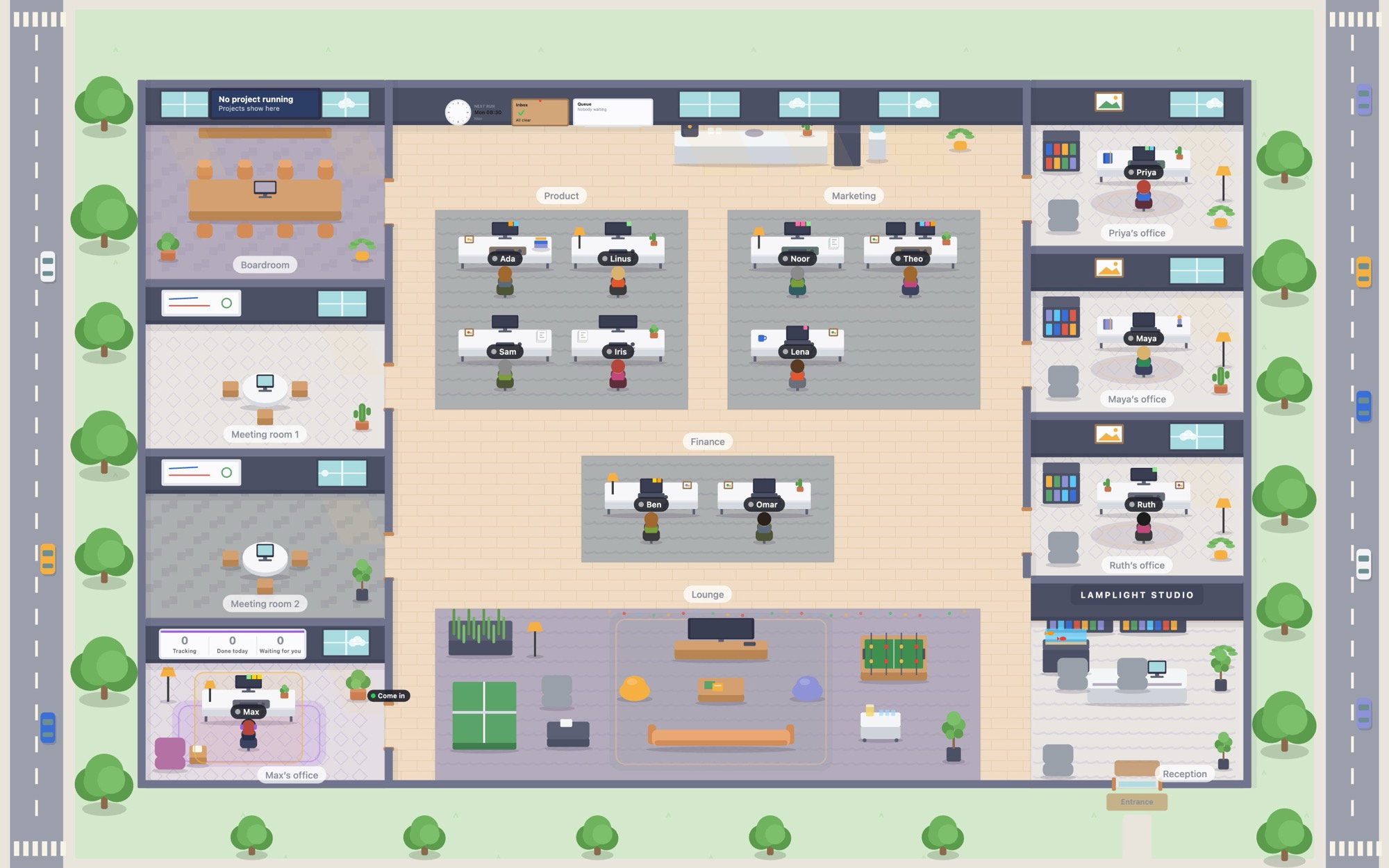 A Kevlo office from above: teams at their desks, offices for the leads, meeting rooms, a lounge and a reception